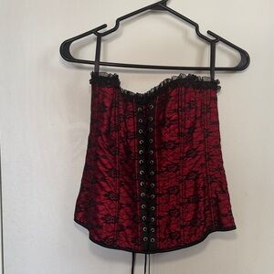Red and Black Lace Front-Close Corset Top